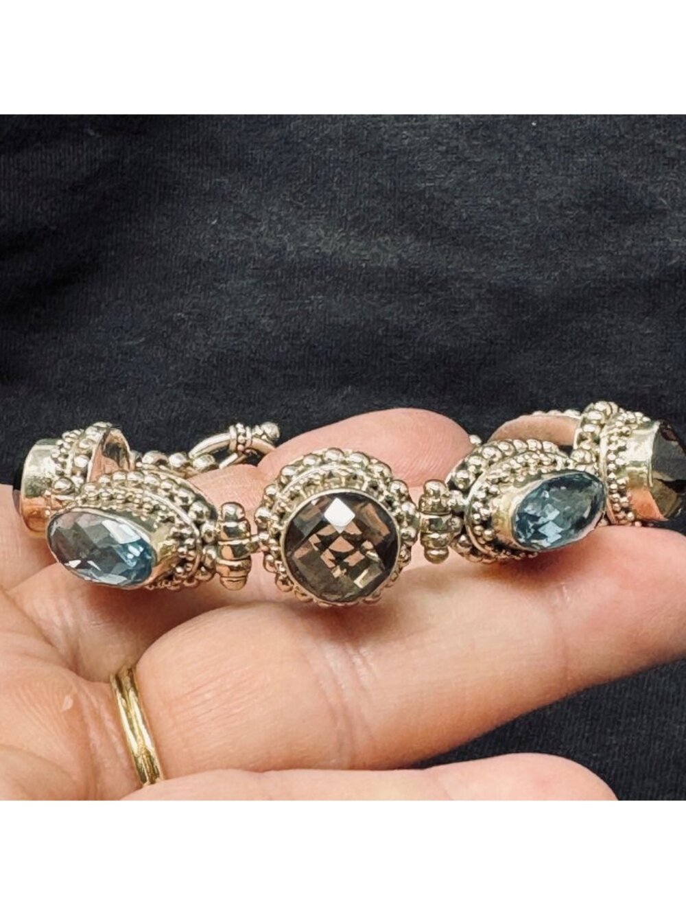 Topaz & Smoky Quartz Bezel Set Bracelet VTG Sterling Silver 925 Size 7'' Length